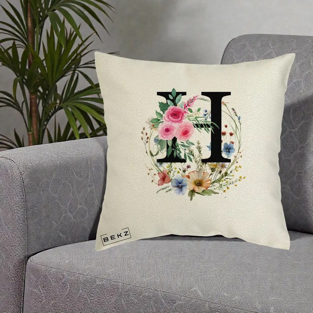 Cadou Personalizat - Perna Personalizata Monogram Litera H cu Flori Acuarela, 40x40 cm, Ecru, Husa Detasabila, Perna Inclusa, BEKZ®