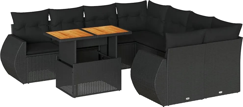 vidaXL Set mobilier de grădină cu perne, 9 piese, negru, poliratan