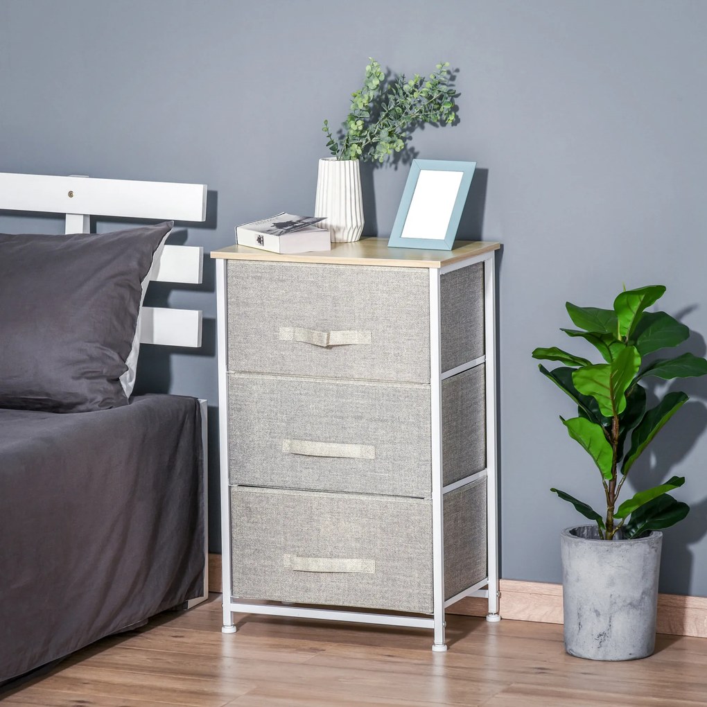 HOMCOM Mobilier de depozitare șifonier modern 3 sertare din material textil, cadru din oțel și placă de particule, 45 x 30 x 71 cm, gri | Aosom Romania