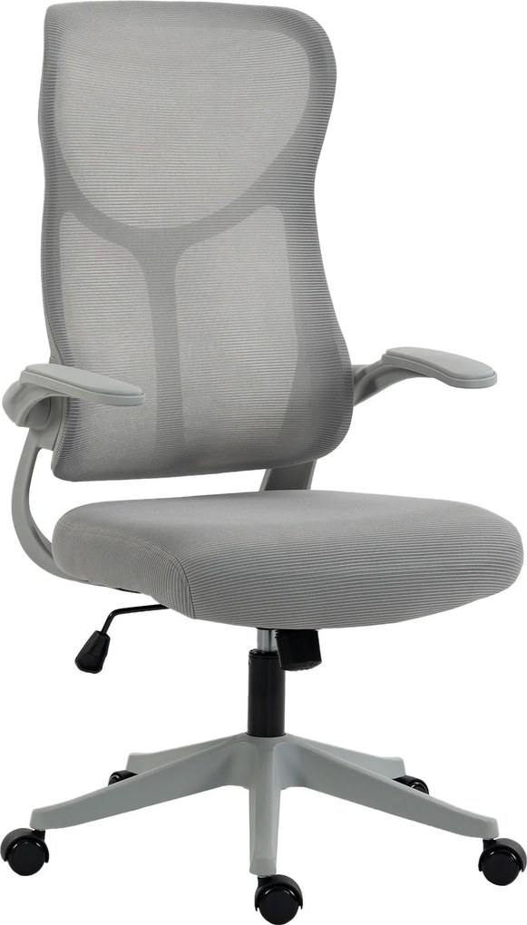 HOMCOM Scaun de birou ergonomic rotativ, cu cotiere rabatabile, funcție de balans, înălțime reglabilă, din plasă, gri | Aosom Romania