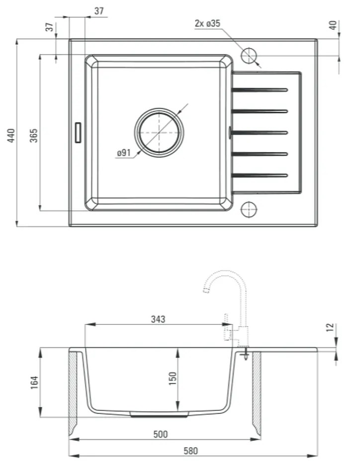 Set chiuveta bucatarie compozit cu picurator si baterie graphite Deante, Zorba Graphite