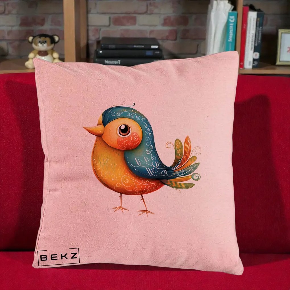 Perna Decorativa Pasare Folk Art Portocalie-Teal, 40x40 cm, Roz, Husa Detasabila, Perna Inclusa, BEKZ®