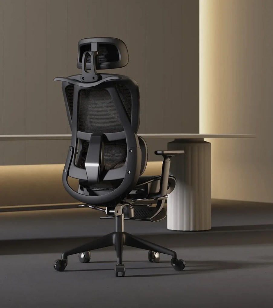 Scaun ergonomic, functie translatie sezut, cotiere reglabile 3D, tetiera 3D, suport lombar 3D Adaptive, pivotant, suport picioare, Negru