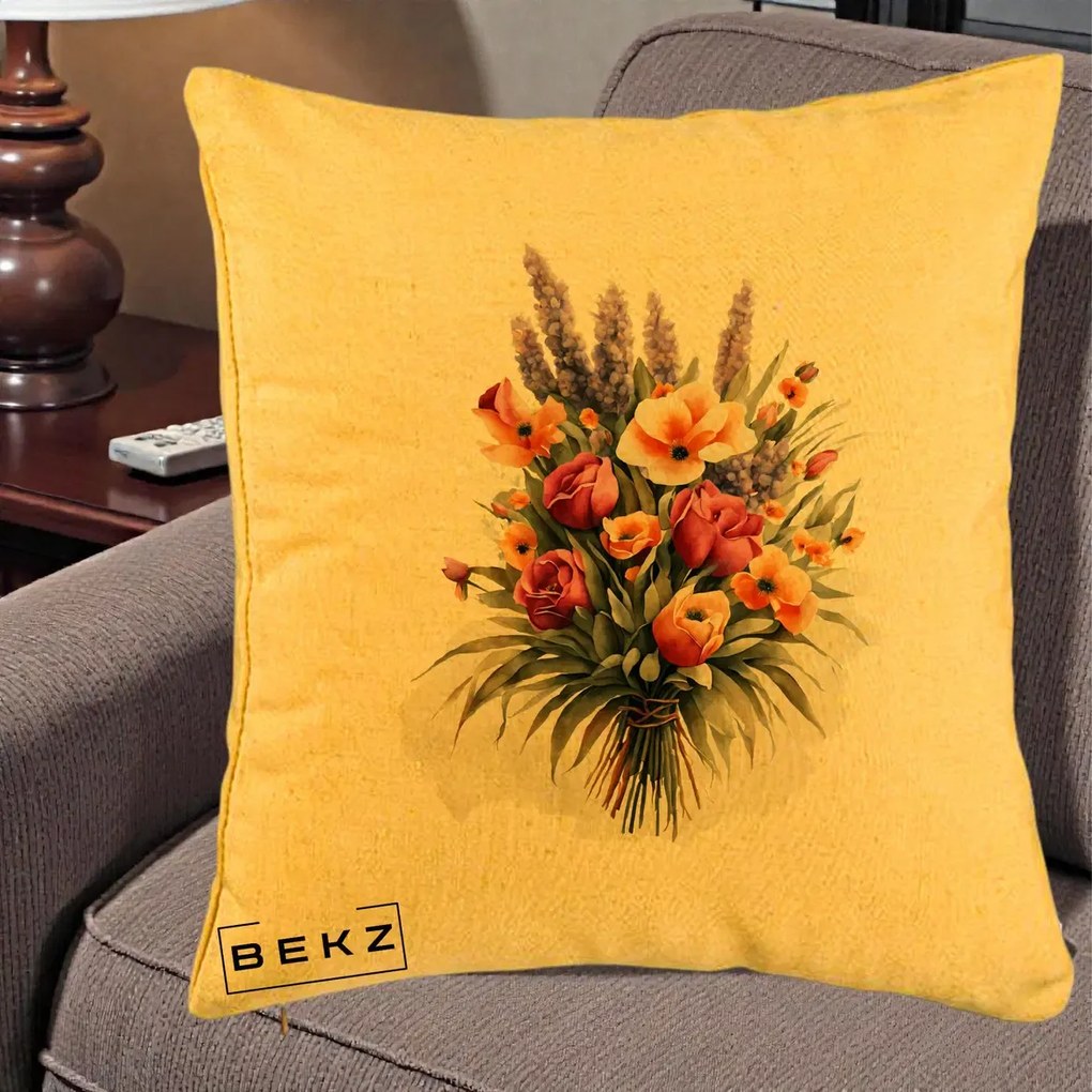 Perna Decorativa Buchet Mixt Acuarela Lavanda-Trandafiri, 40x40 cm, Galben, Husa Detasabila, Perna Inclusa, BEKZ®