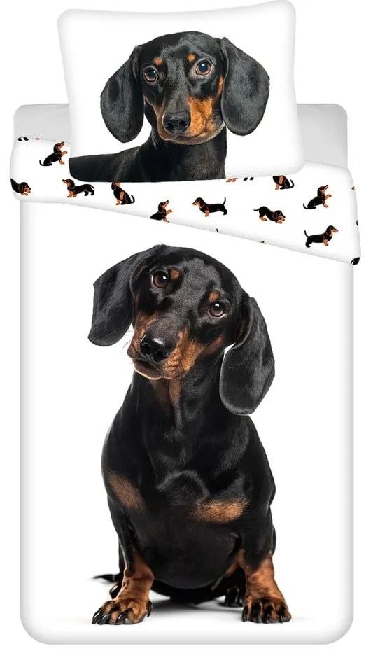 Lenjerie de pat pentru copii alb-negru din bumbac pentru pat de o persoană 140x200 cm Dachshund – Jerry Fabrics