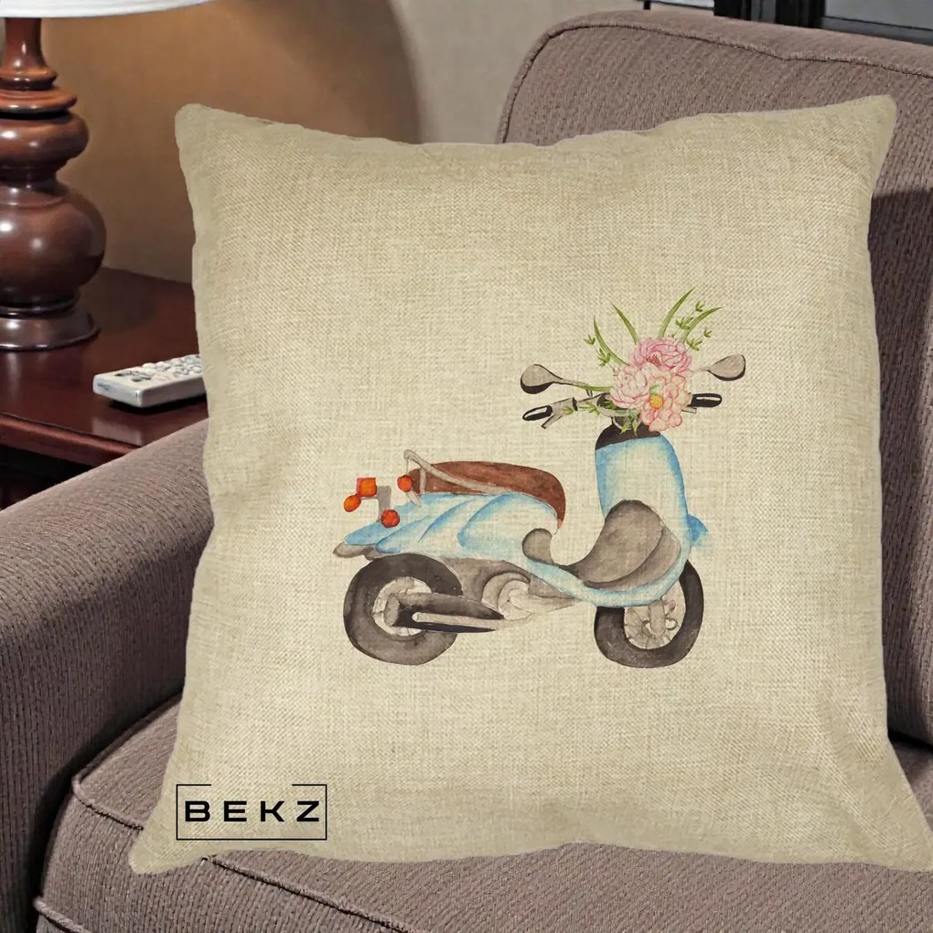 Perna Decorativa Scuter Albastru cu Flori Acuarela, 40x40 cm, Crem, Husa Detasabila, Perna Inclusa, BEKZ®