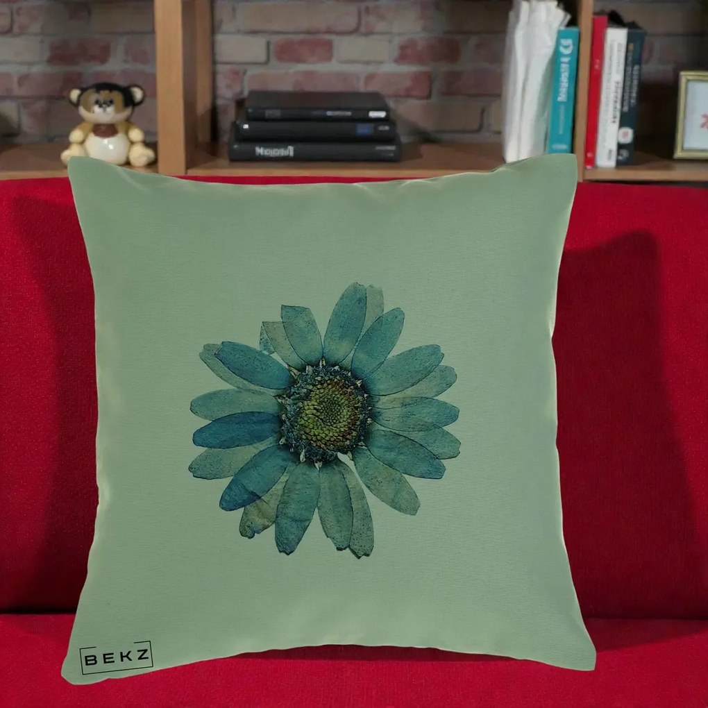 Perna Decorativa Floare Margareta Albastra Acuarela, 40x40 cm, Verde, Husa Detasabila, Perna Inclusa, BEKZ®