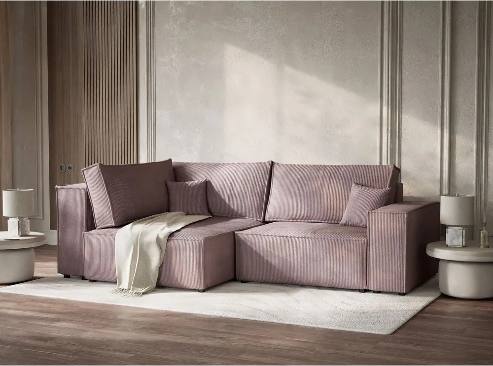 Colțar mov extensibil/cu spațiu de depozitare cu tapițerie din catifea reiată (cu colț pe partea stângă/în formă de ”L”) Tonga – Maison de Rêve