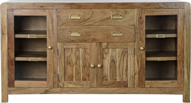 Bufet din lemn de acacia în stil campaign, natur, cu 2 uși vitrate, 2 uși cu panouri, 2 sertare și mânere încastrate, lungime 150 cm, „Amara”