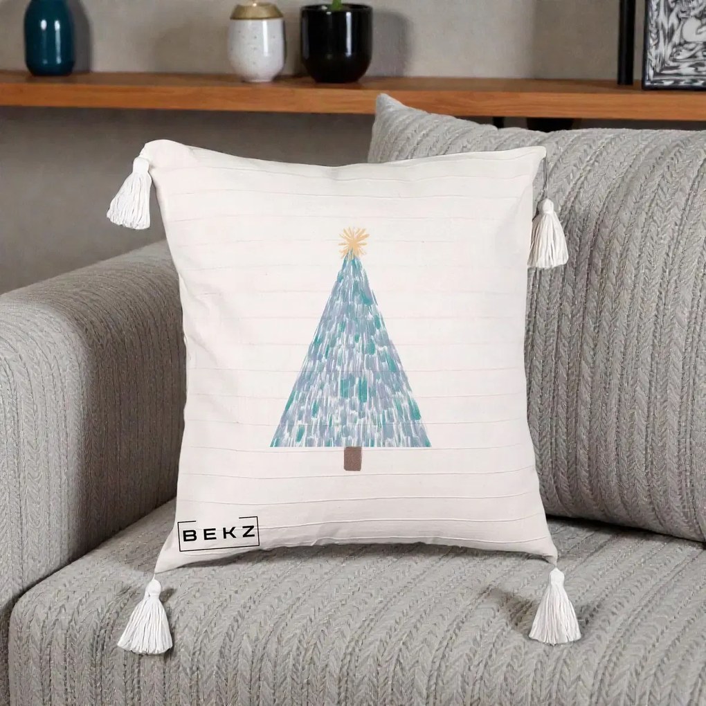 Perna Decorativa Brad de Craciun Acrilic Albastru, 40x40 cm, Bej cu Franjuri, Husa Detasabila, Perna Inclusa, BEKZ®