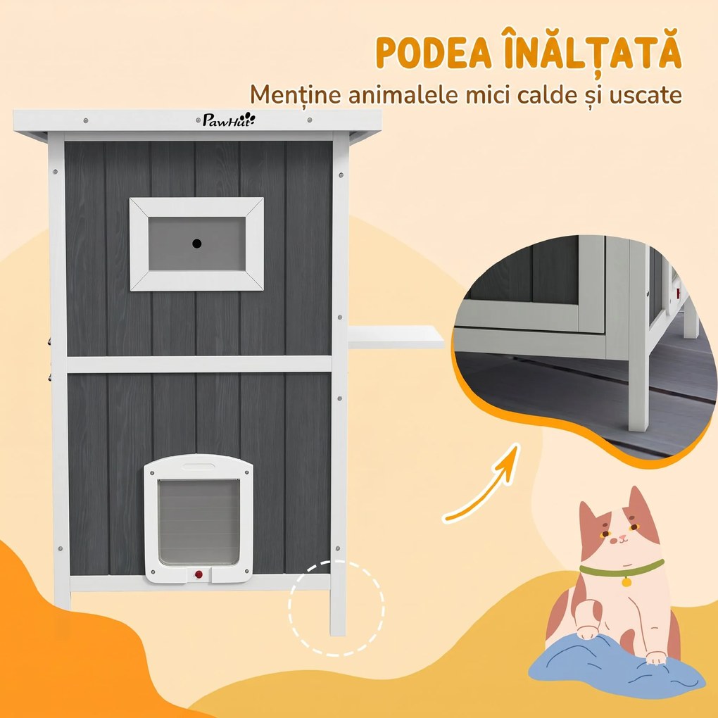 PawHut Casă Exterior Pisici din Lemn, 2 Niveluri, Bază Detașabilă, Uși Evacuare, Acoperiș Asfalt, 60x60x90.5 cm, Gri | Aosom Romania