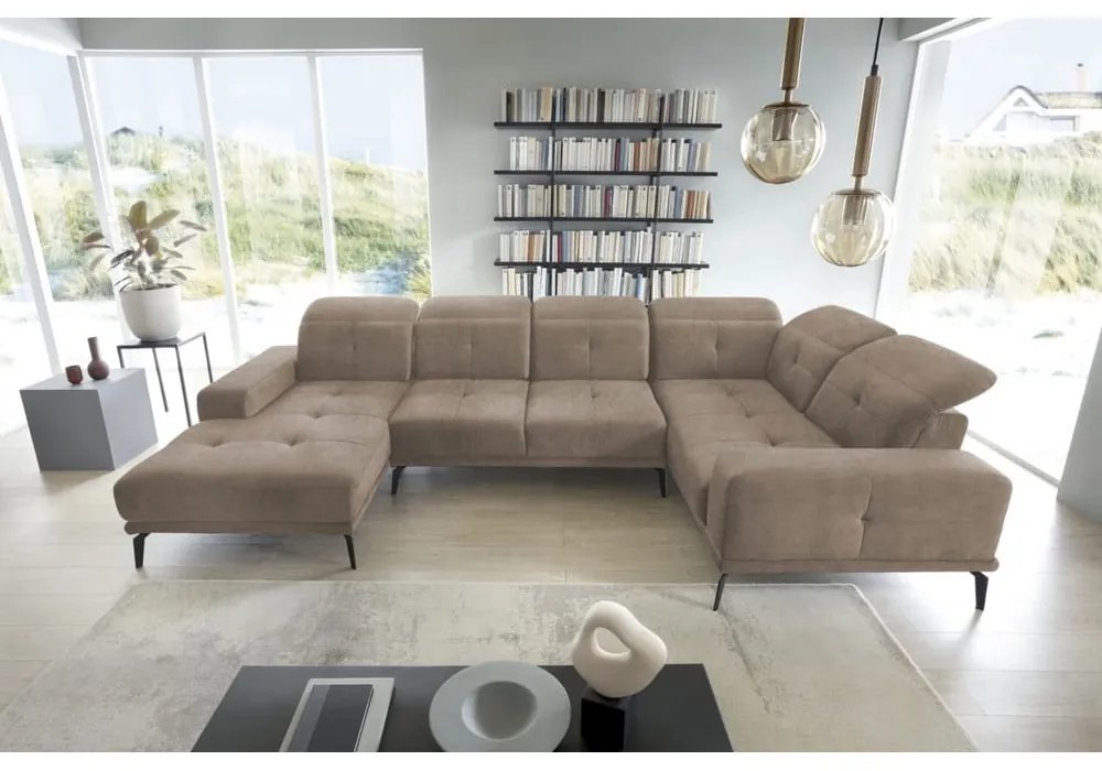 Colțar maro deschis cu tapițerie din catifea (cu colț pe partea dreaptă/în formă de "U") Neviro – ELTAP