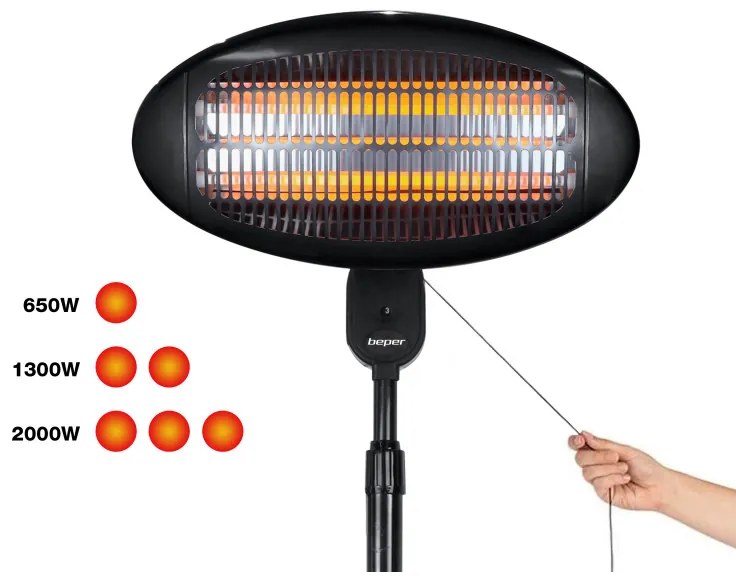 Resigilat: Lampa cu quartz pentru terasa/gradina Beper P203PAN002, 2000W, 3 trepte, Cap reglabil, Protectie la rasturnare, IP34, Negru