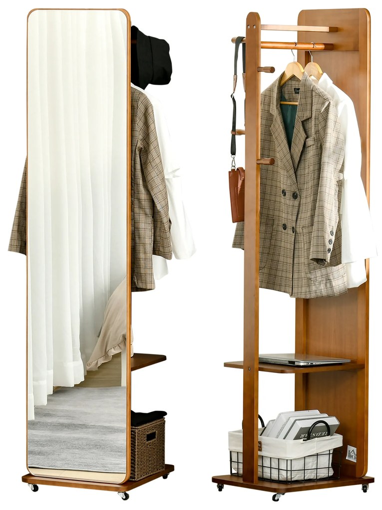 HOMCOM Oglinda de Podea cu Rafturi si Cuier Suspendat din MDF/Sticla Oglinda si Dulap Stabil , 40x44.5x170 cm, Nuc