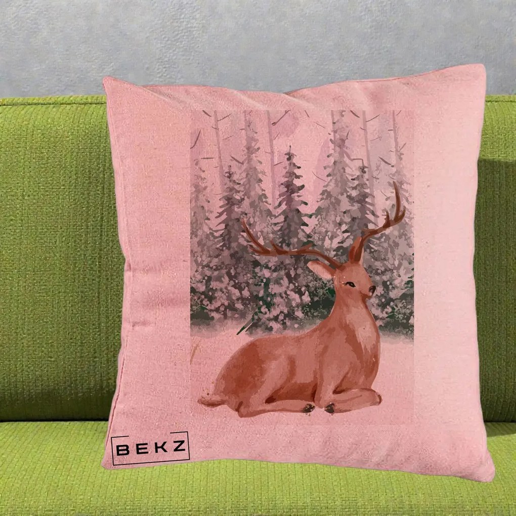 Perna Decorativa Ren in Padure Roz Moale, 40x40 cm, Roz, Husa Detasabila, Perna Inclusa, BEKZ®