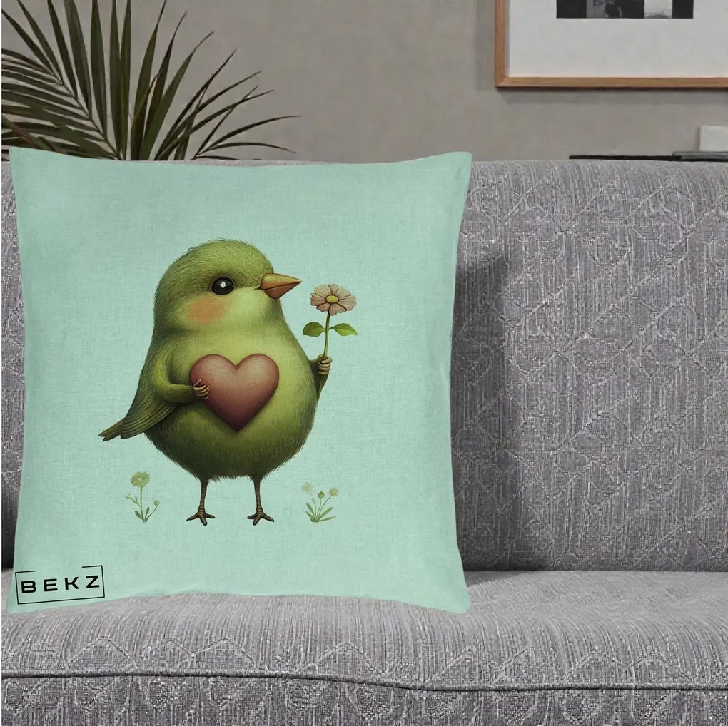 Perna Decorativa Pasare Verde cu Inima si Floare, 40x40 cm, Verde Menta, Husa Detasabila, Perna Inclusa, BEKZ®