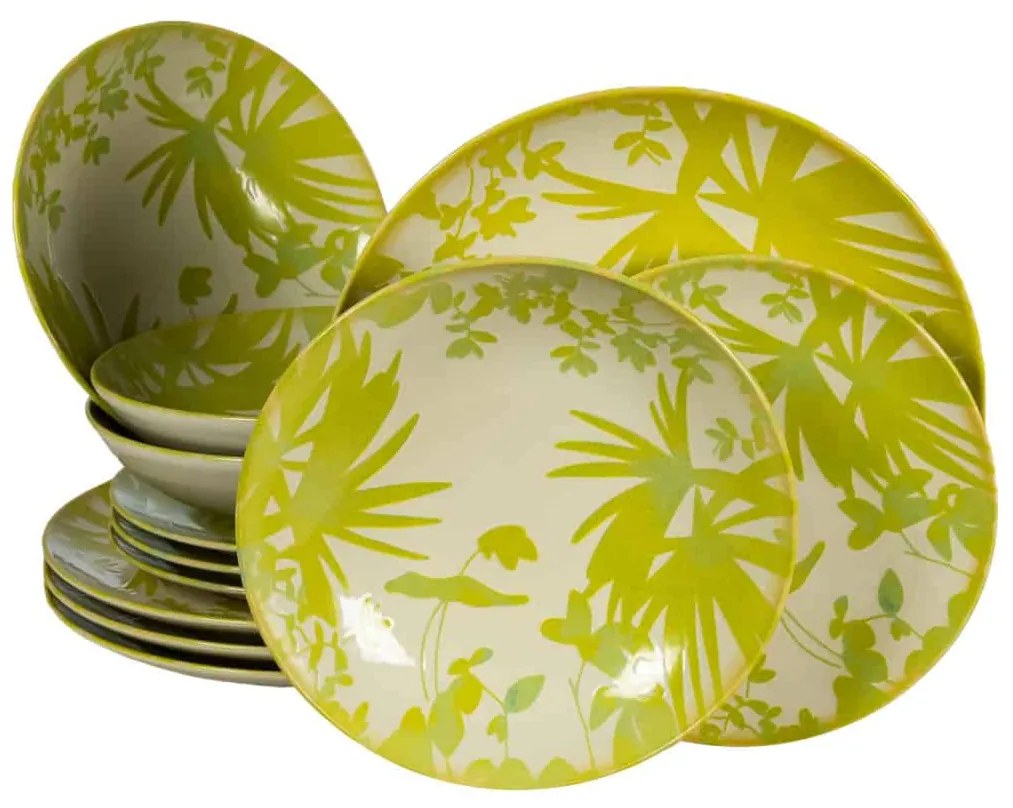 Set Complet Hawaii Serviciu De Masa 12 piese, pentru 4 persoane, Ivory cu frunze verde-galbui