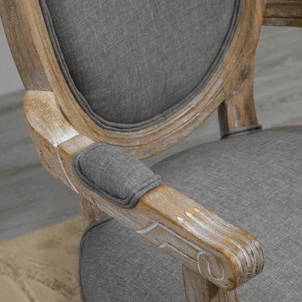 HOMCOM Scaun de Sufragerie Scaun de Salon medaillon Stil Louis XVI Lemn Masiv patinat sculptat Material Lin Gri | Aosom Romania