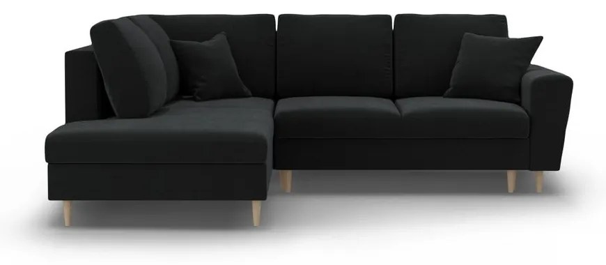 Colțar negru extensibil, cu spațiu de depozitare cu tapițerie din catifea (cu colț pe partea stângă-în formă de ”L”) Kyoto – Cosmopolitan Design