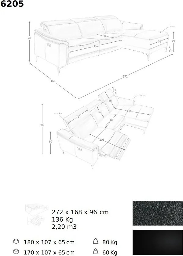 Coltar LUX design italian cu sezlong dreapta si functia relax Cowhide negru