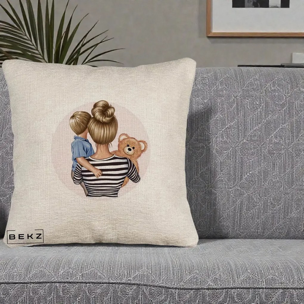 Cadou pentru Mama - Perna Personalizata Mama si Baietelul cu Ursulet, 40x40 cm, Bej Canapea, Husa Detasabila, Perna Inclusa, BEKZ®