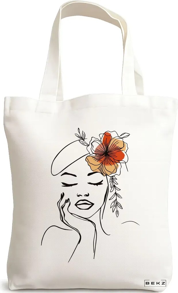 Sacosa de Panza pentru Cumparaturi, Geanta Tote, Flower Lady 13, 38x34.5 cm, Alba, BEKZ®