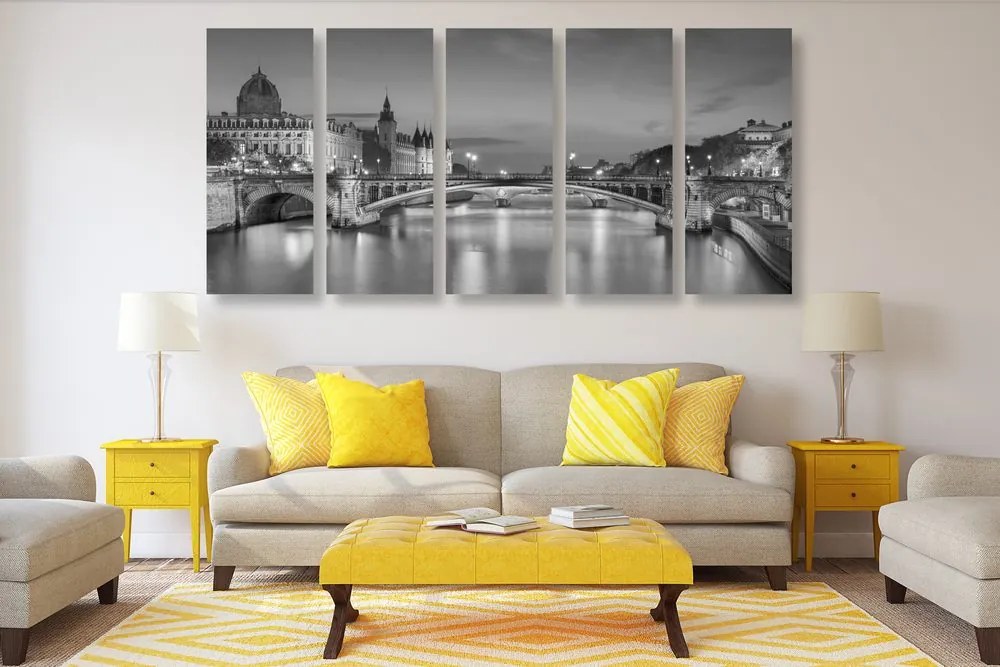 Tablou 5-piese panorama orbitoare ale Parisului în design alb-negru