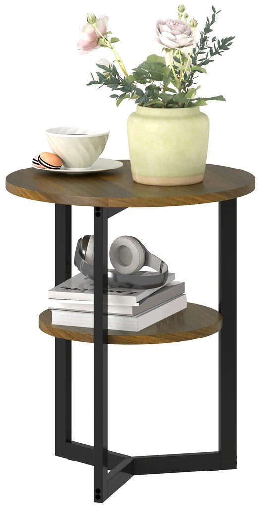 HOMCOM Masă de cafea rotundă, capăt de canapea industrial cu rafturi de depozitare și cadru din oțel, Ø 40 x 48 cm, maro | Aosom Romania