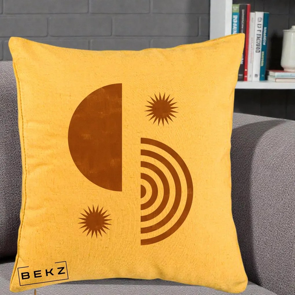 Perna Decorativa Boho Sun si Spirala, 40x40 cm, Galben, Husa Detasabila, Perna Inclusa, BEKZ®