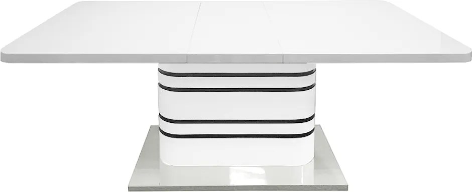 Masă dining extensibilă, alb HG extra lucios/dungi negre, 160-200x90 cm, TUBAL