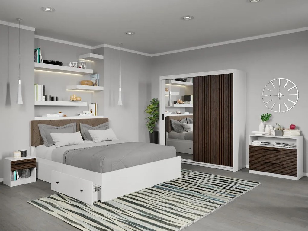 Set mobila dormitor Cedric Alb/Maro cu oglinda C11