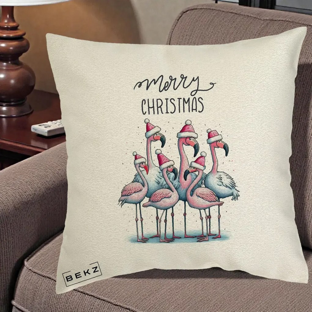 Perna Decorativa Flamingo Merry Christmas, 40x40 cm, Ecru, Husa Detasabila, Perna Inclusa, BEKZ®