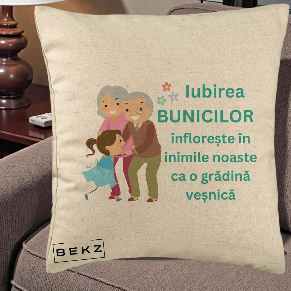 Cadou pentru Bunici - Perna Personalizata Bunicii Iubirea Infloreste cu Nepoata Teal, 40x40 cm, Bej, Husa Detasabila, Perna Inclusa, BEKZ®