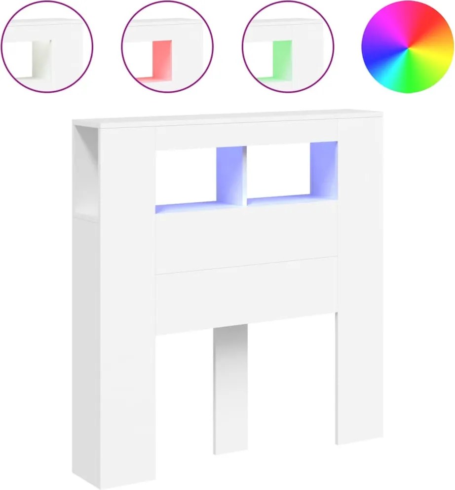 vidaXL Tăblie de pat cu LED, alb, 100x18,5x103,5 cm, lemn