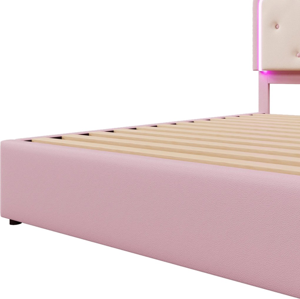 Pat tapițat 140x200 cm cu somieră cu lamele, pat extensibil și 2 sertare, fără saltea, Roz