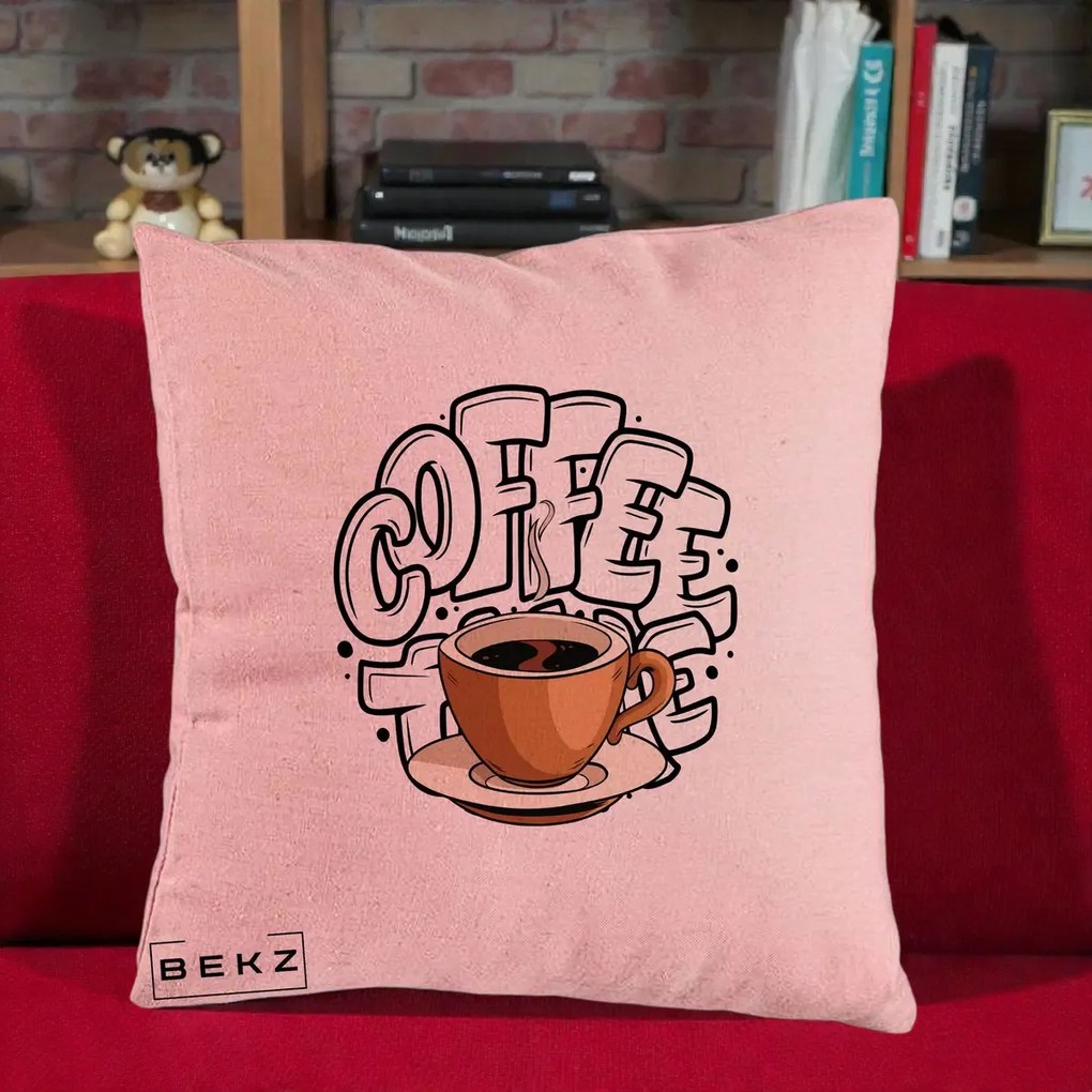 Perna Personalizata COFFEE cu Cana, 40x40 cm, Roz, Husa Detasabila, Perna Inclusa, BEKZ®