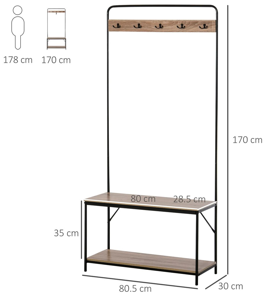 HOMCOM Set Hol cu Cuier, Bancă și Suport pentru Pantofi, Stil Industrial, Mobilier pentru Intrare, Metal și Lemn | Aosom Romania