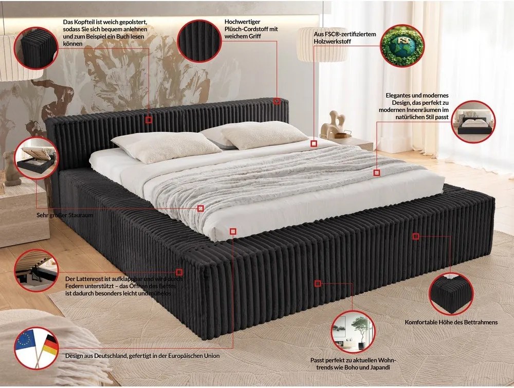 Pat matrimonial negru tapițat cu spațiu de depozitare cu somieră 200x200 cm Cloe – Ropez