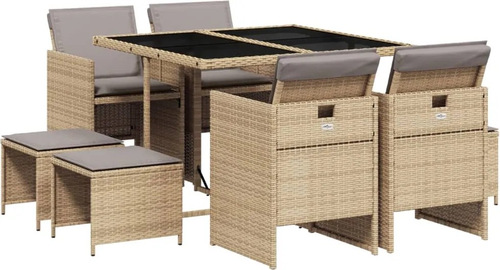 vidaXL Set de masă pentru grădină, 9 piese, cu perne, bej, poliratan