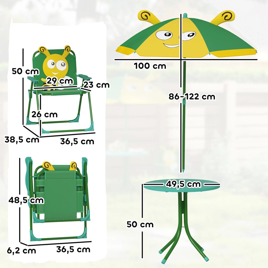 Set mobilier de grădină pentru copii AIYAPLAY, Scaune, Masa, Umbrelă, Design de Albinuțe, Verde+Galben | Aosom Romania