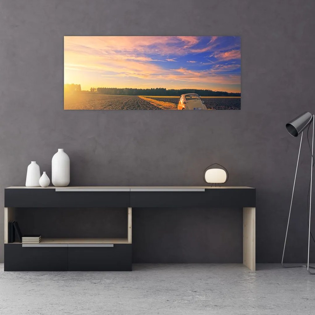 Tablou - Mașină galbenă ăn câmp (120x50 cm)