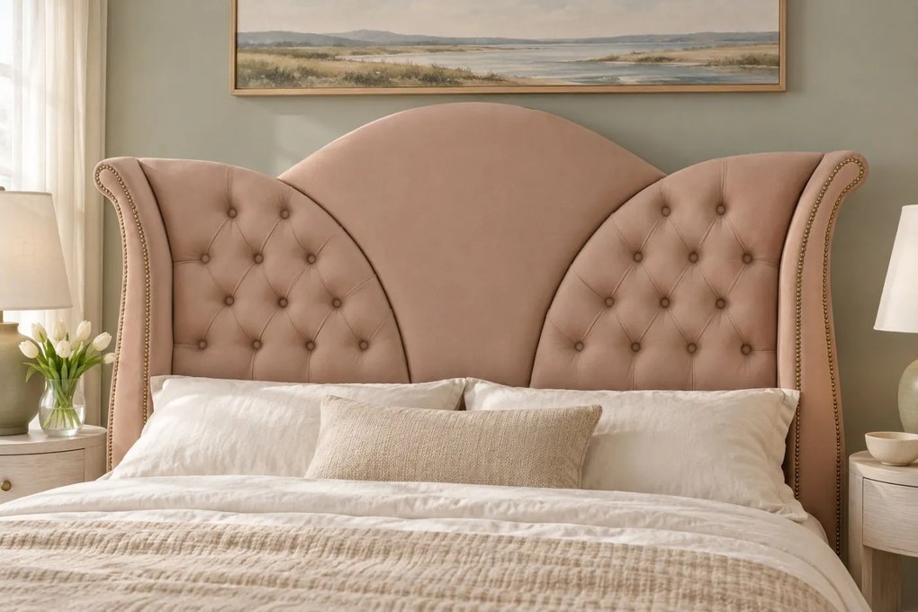 Pat tapițat Chesterfield din catifea Velora 160×200 cm, cappuccino, cu ladă de depozitare