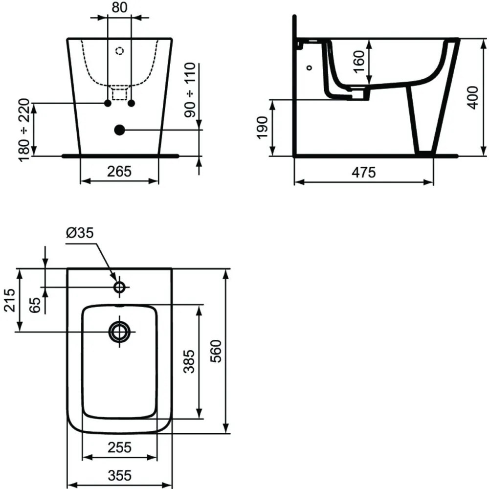 Bideu cu montare pe podea, 355x560 mm, cu preaplin, orificiu pentru baterie, alb