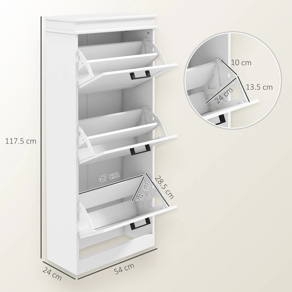 HOMCOM Dulap Spațios pentru Pantofi cu 3 Sertare Rabatabile pentru 15 Perechi de Pantofi, 54x24x117,5 cm, Alb | Aosom Romania