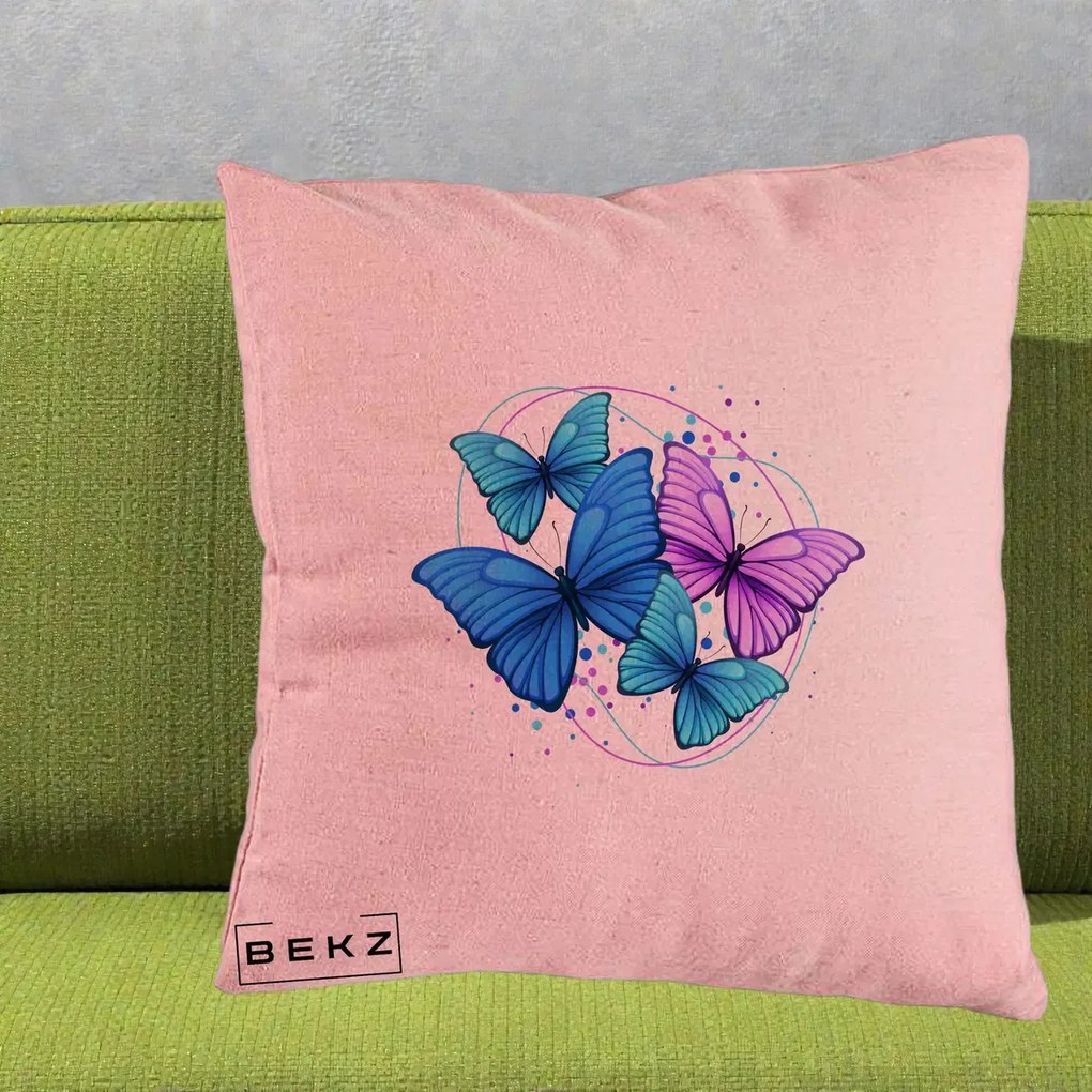 Perna Decorativa Patru Fluturi Turcoaz-Violet, 40x40 cm, Roz, Husa Detasabila, Perna Inclusa, BEKZ®