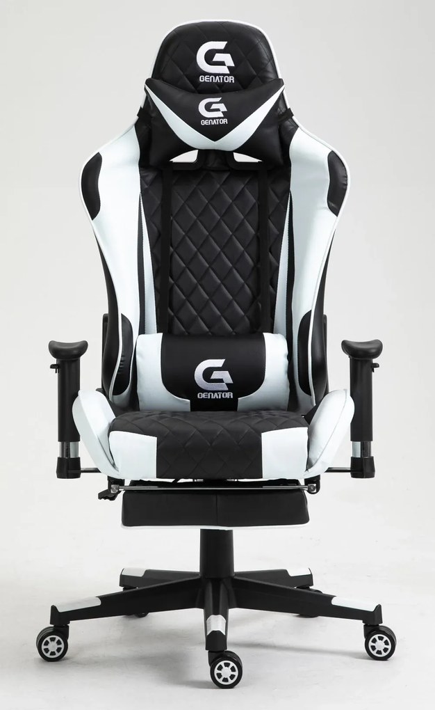 Scaun gaming cu masaj în perna lombară, sezut benzi elastice sustinere, cotiere 3D, suport picioare, funcție sezlong, Negru/Alb