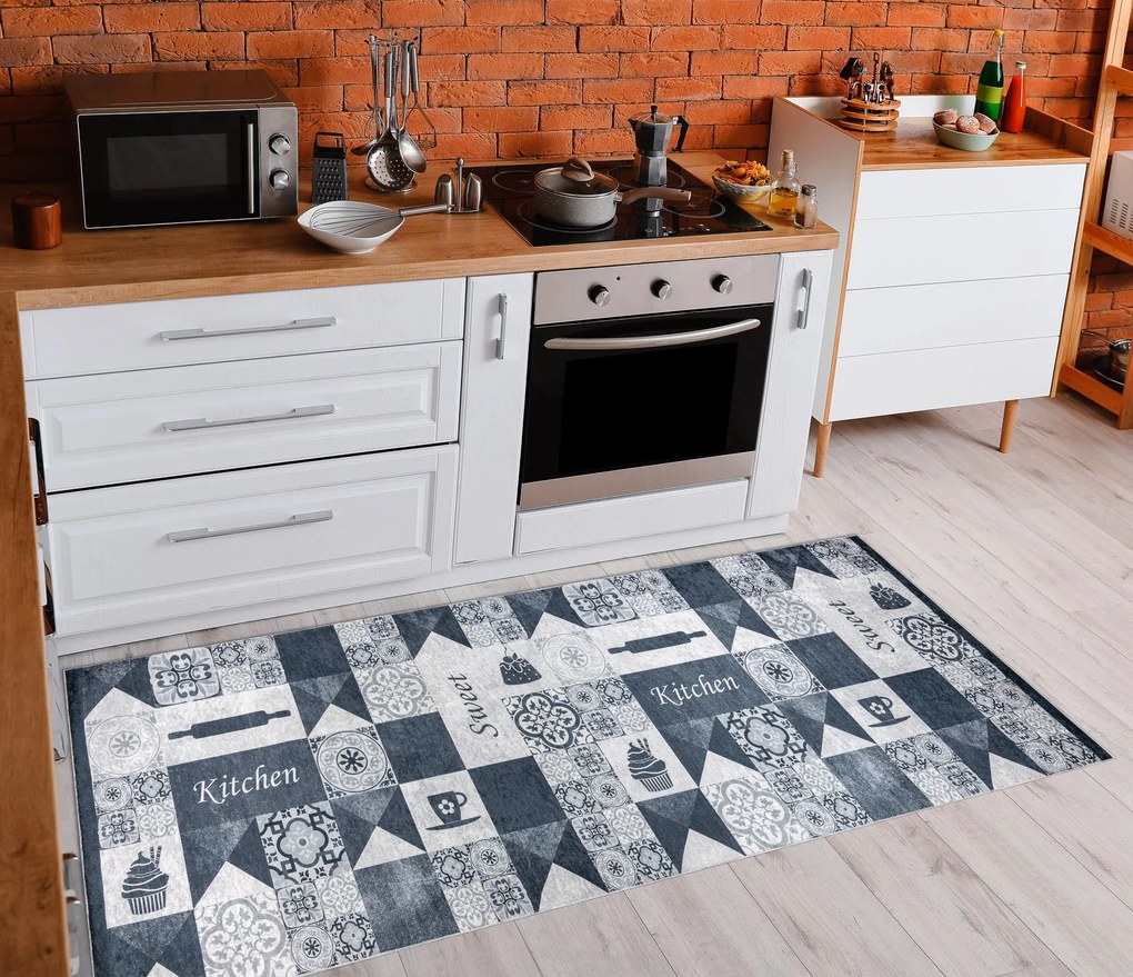 ANDRE 44211 covor lavabil gresii de Lisbona, bucatarie, anti-alunecare - gri / argintiu