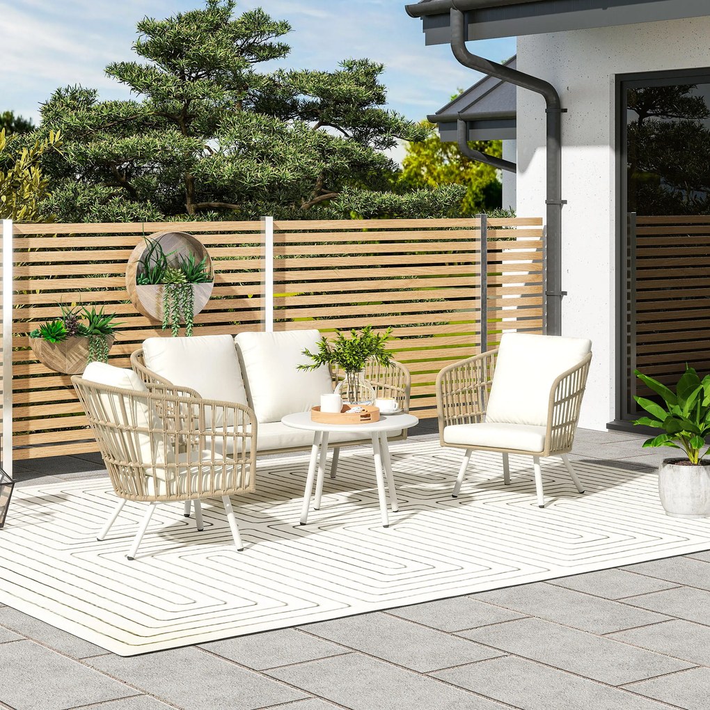 Outsunny Set de mobilier de grădină din poliratan Lounge-Set cu canapea de 2 locuri, fotoliu, masă, perne rezistente la intemperii pentru 4 persoane în culoarea Khaki | Aosom Romania