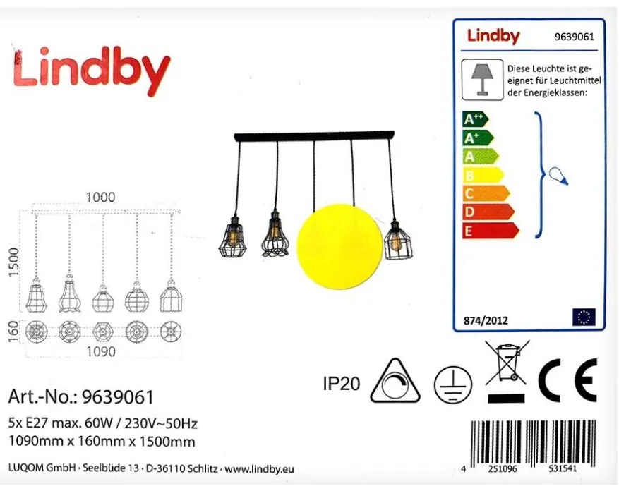 Lindby - Candelabru ALBERTA pe cablu 5xE27/60W/230V