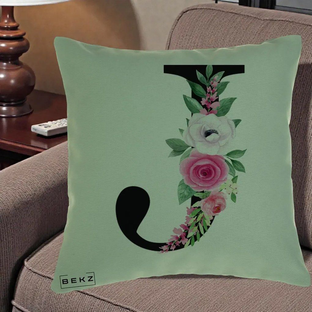 Cadou Personalizat - Perna Personalizata Monograma Florala Litera J, 40x40 cm, Verde, Husa Detasabila, Perna Inclusa, BEKZ®
